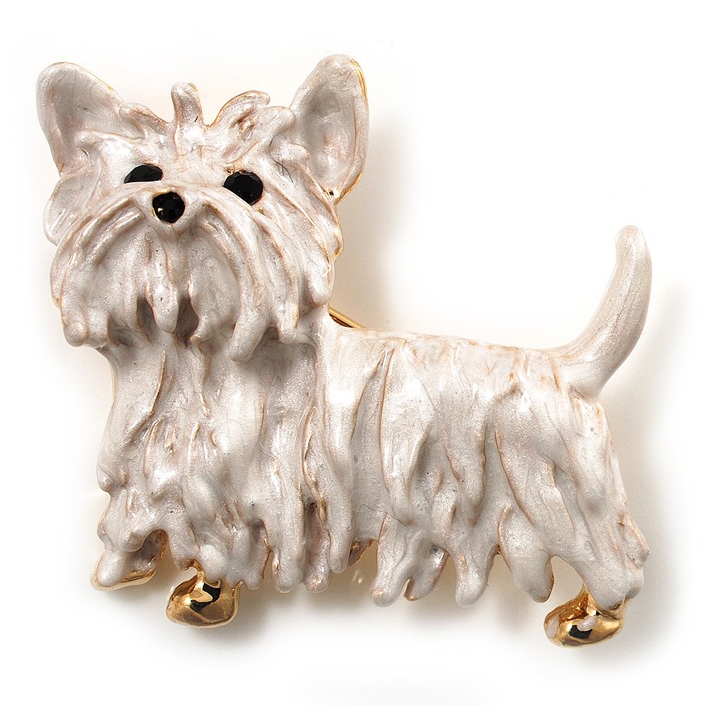 White Enamel Puppy Dog Brooch (Gold Tone)