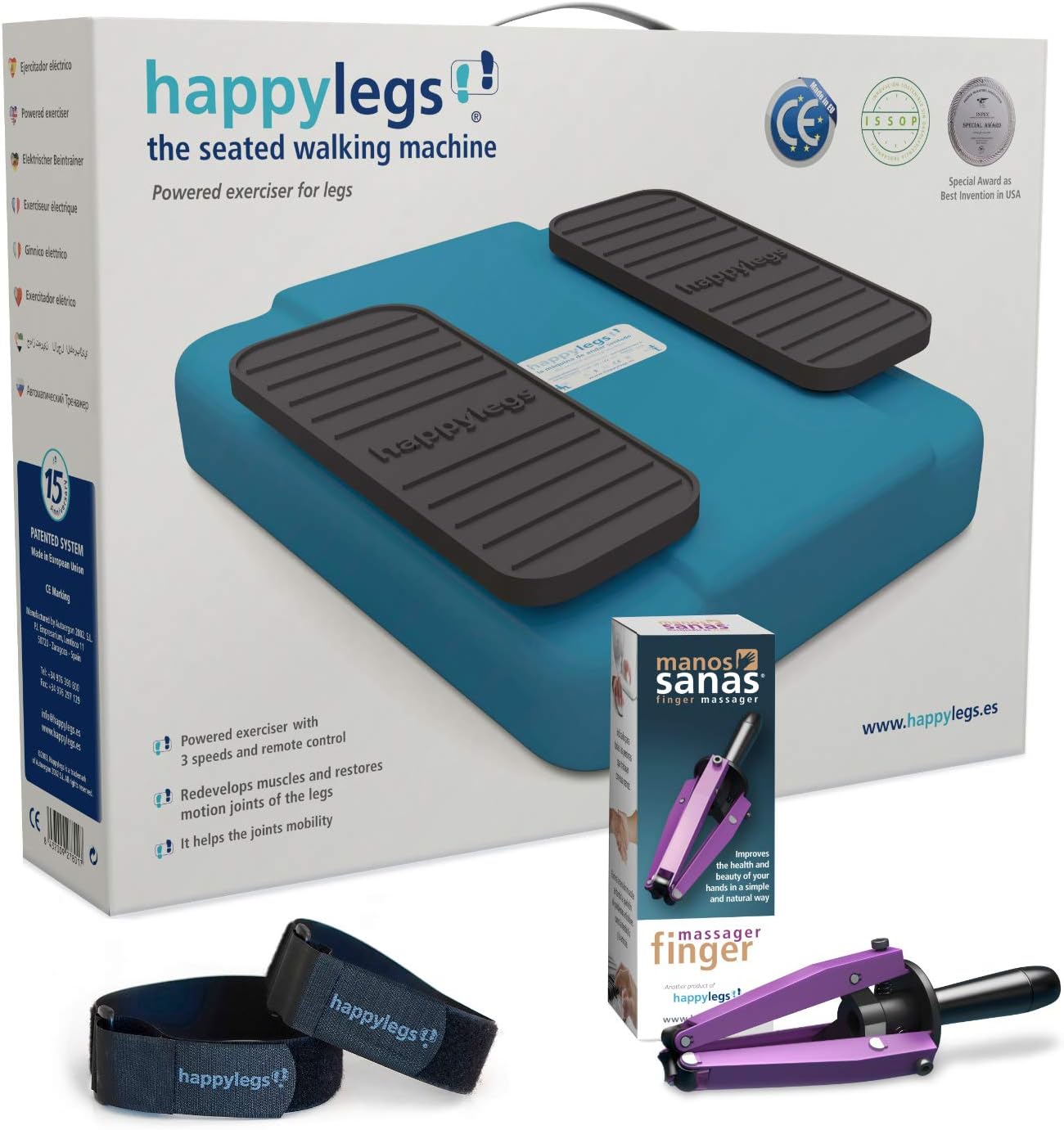 Happylegs - Pack 2020 Model + Healthy Hands + Foot Straps, Phisical Therapy - Stimulates Circulation of Legs and Hands - Home Excercise - Blue - Made in Spain