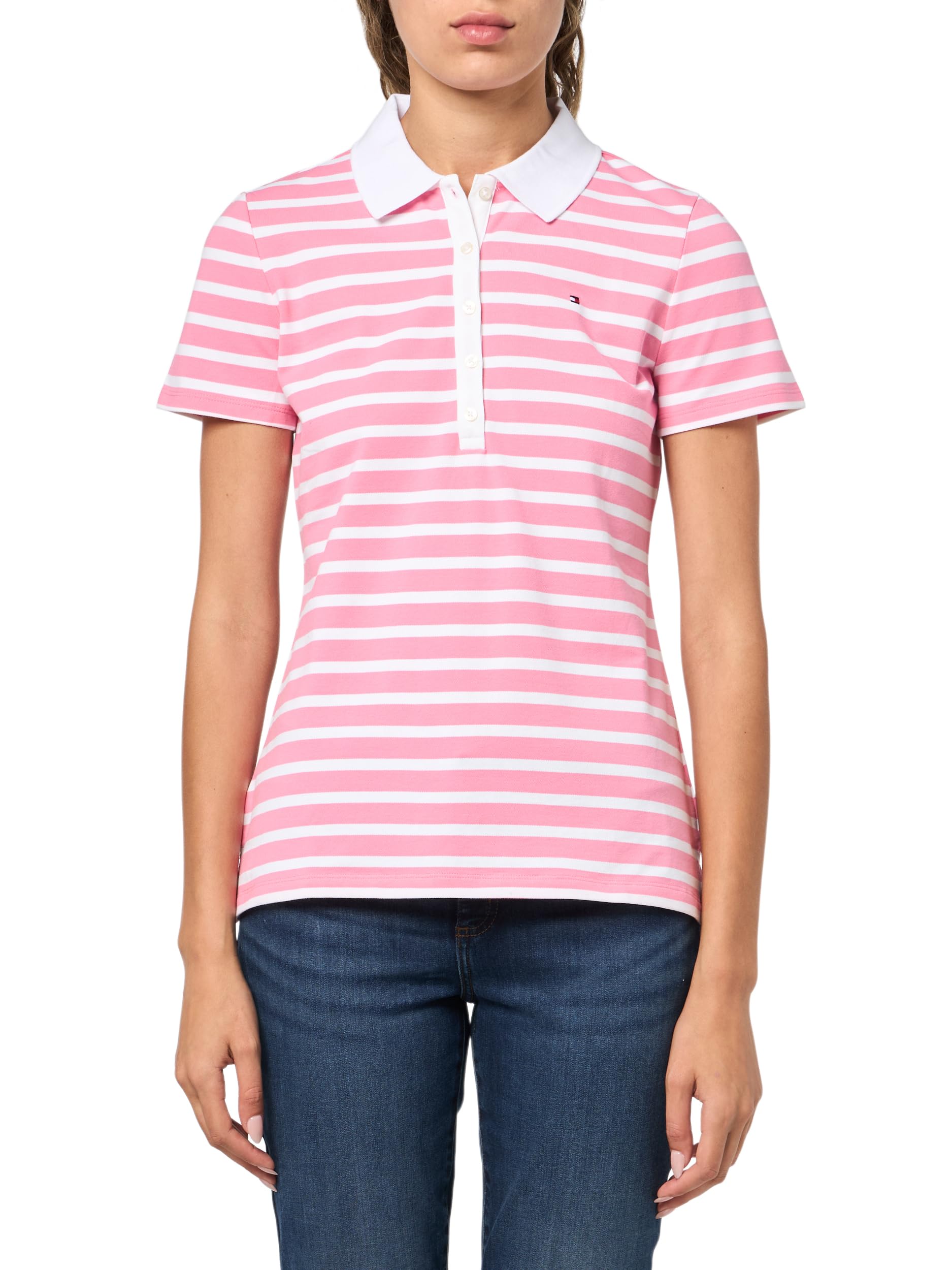 Tommy Hilfiger Women’s Short Sleeve Polo Shirt, Peony/Bright White, X-Small