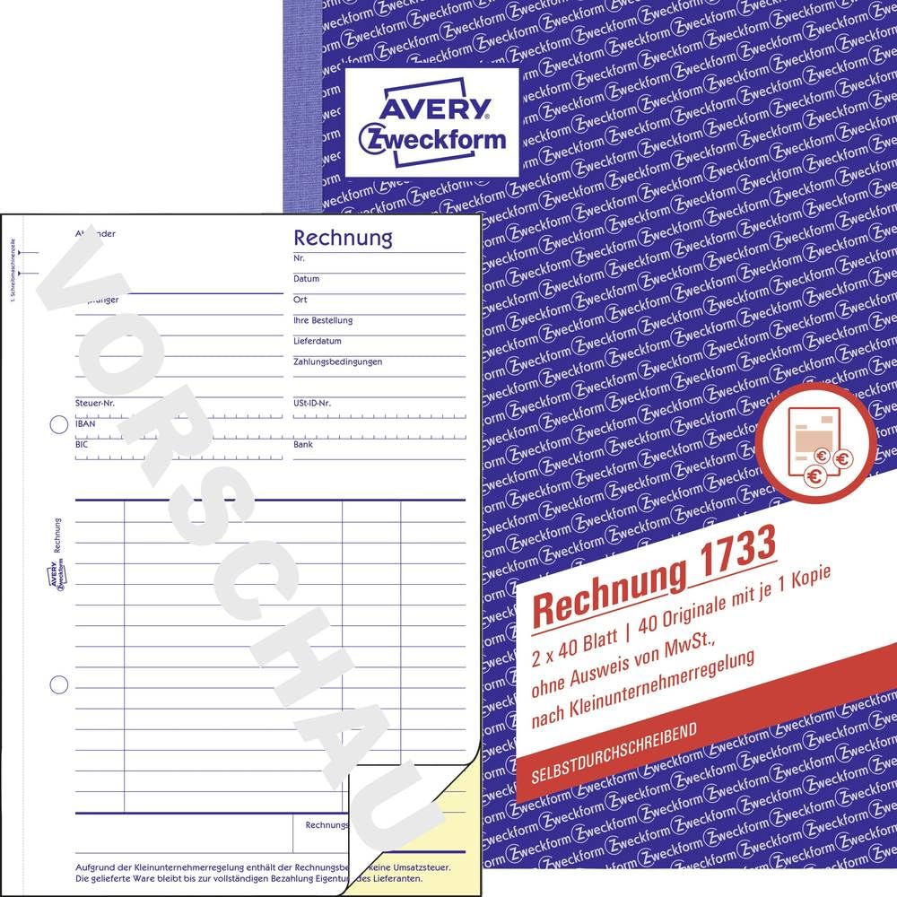 Avery Zweckform 1733 Invoice Small Business (A5, self-Copying, 2x40 Sheets) White/Yellow