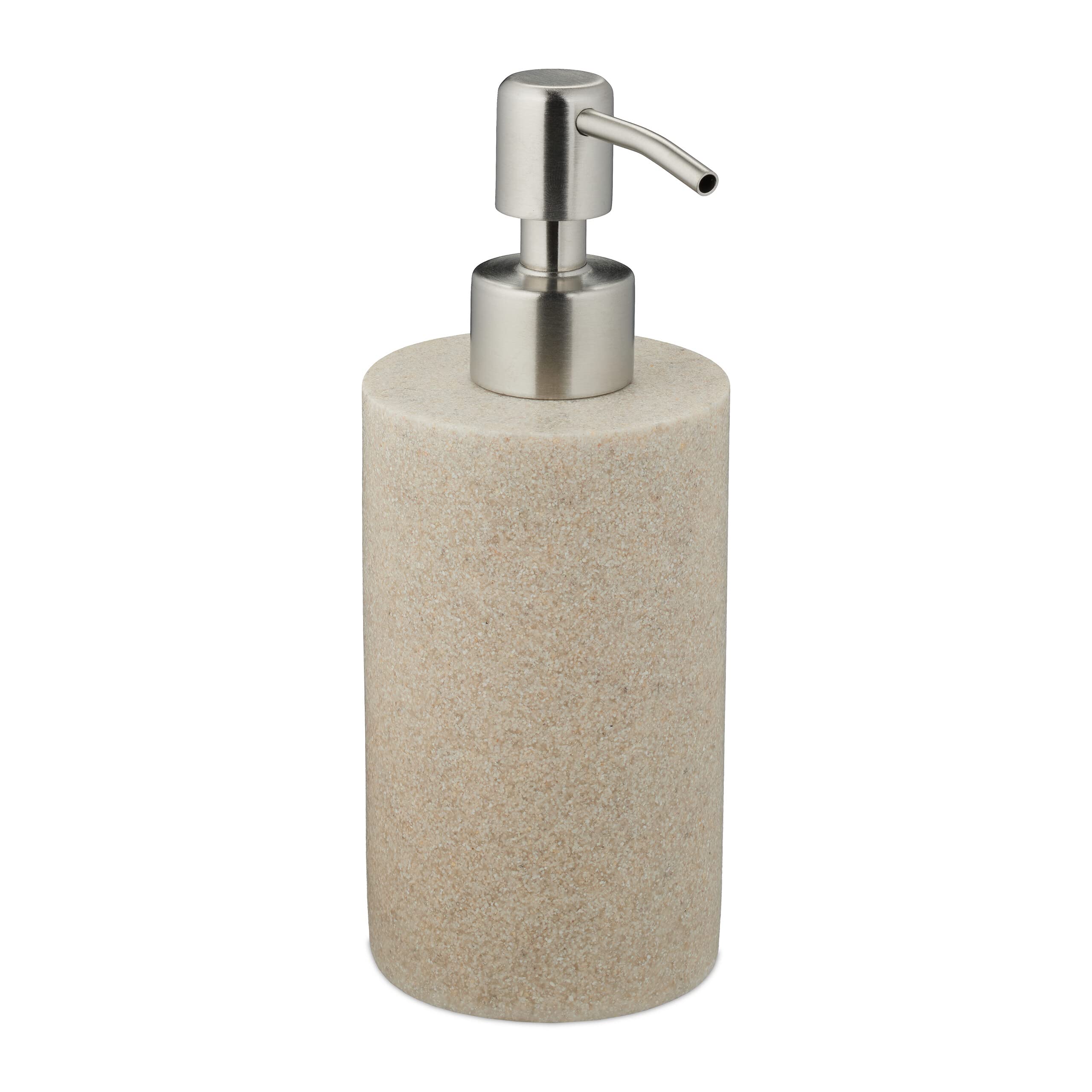 Relaxdays Soap Dispenser, 180 ml, Refillable, Bathroom, for Liquids & Lotion, Polyresin, Stainless Steel Pump, Beige