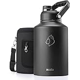 BUZIO 1 Gallon Water Bottle Insulated, (Cold for 48 Hrs) 3.58in Big Wide Mouth Leak Proof, 128oz Large Water Jug Stainless Steel Metal Flask with Handle for Camping,Outdoor Work,Travel,Hiking, Black