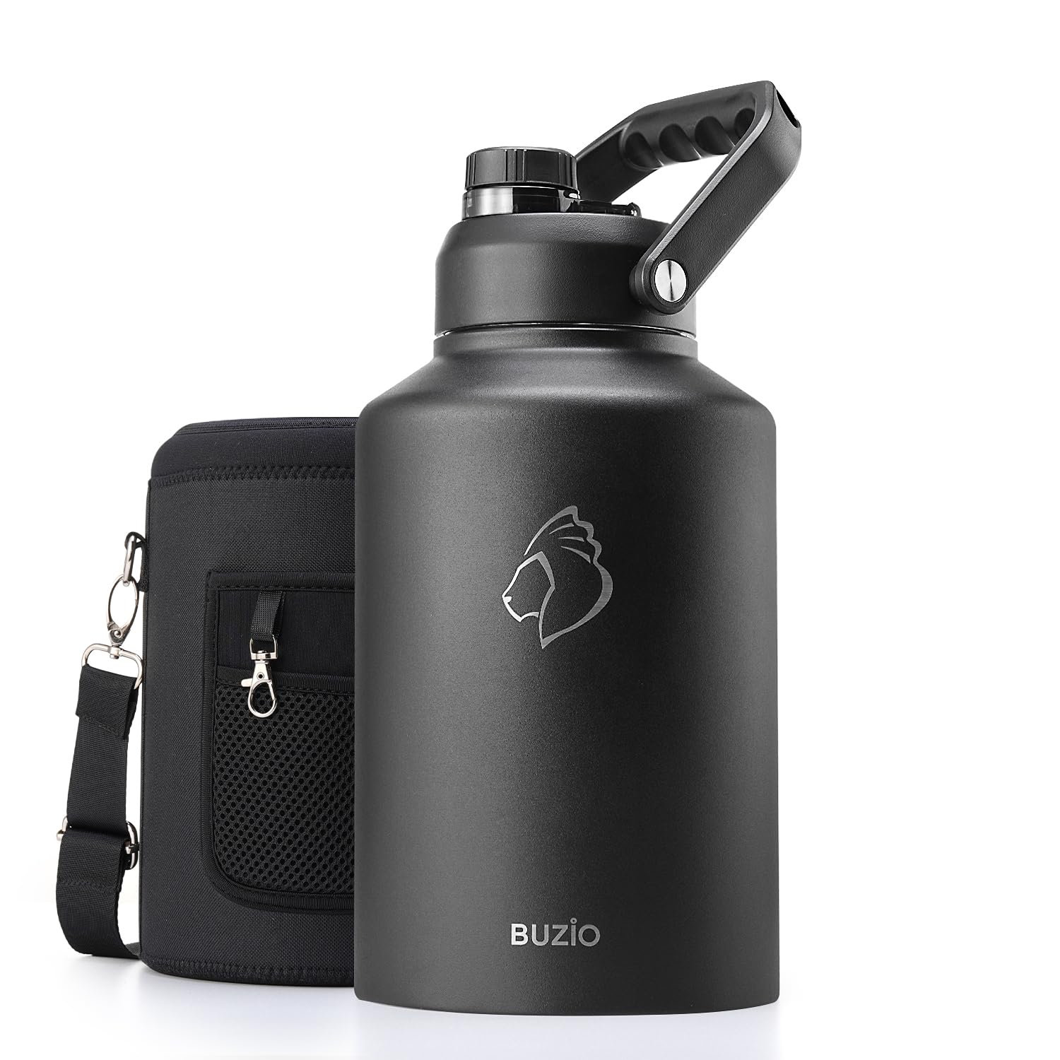 Photo 1 of BUZIO 1 Gallon Water Bottle Insulated, (Cold for 48 Hrs) 3.58in Big Wide Mouth Leak Proof, 128oz Large Water Jug Stainless Steel Metal Flask with Handle for Camping,Outdoor Work,Travel,Hiking, Black