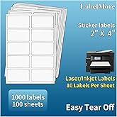 LabelMore 1000 2" x 4" Shipping Address Labels, Inkjet & Laser Compatible, Permanent Adhesive, 100 Sheets (10 Labels Each)