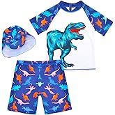 AuSletie Boys Two Pieces Swimsuit Set Short Sleeve Kids Rash Guard Dinosaur Boys Bathing Suit with Sun Cap for 2-6 Years