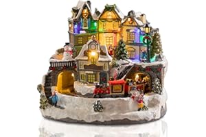 Afirst Christmas Village Houses Collectible Figurines Moving Trains Rotating Xmas Tree Lighted Christmas House Collectable Xmas Light Up Musical with USB Indoor Display Figurines Decoration