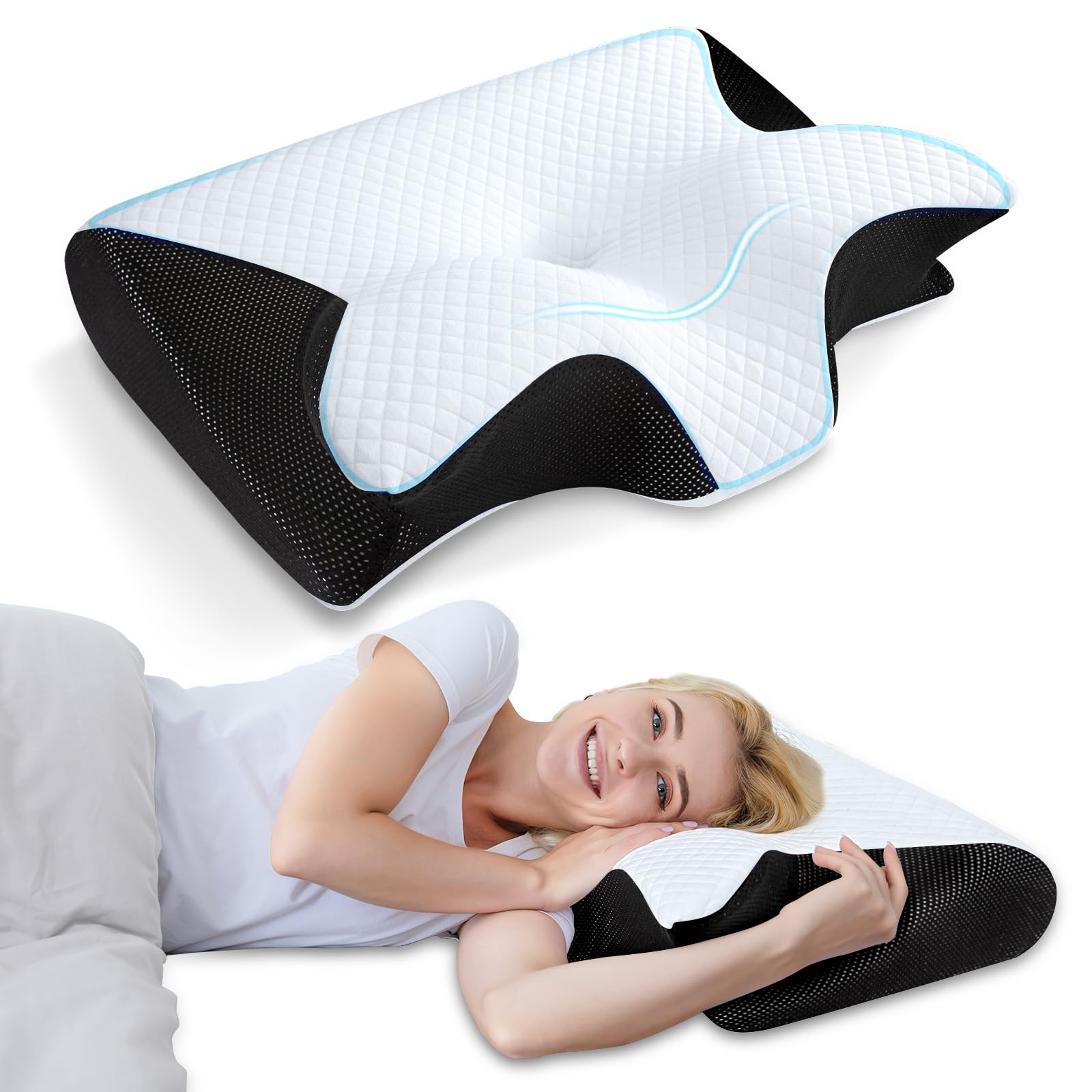 Photo 1 of HOMCA Memory Foam Cervical Pillow, 2 in 1 Ergonomic Contour Orthopedic Pillow for Neck Pain, Contoured Support Pillows for Side Back Stomach Sleepers