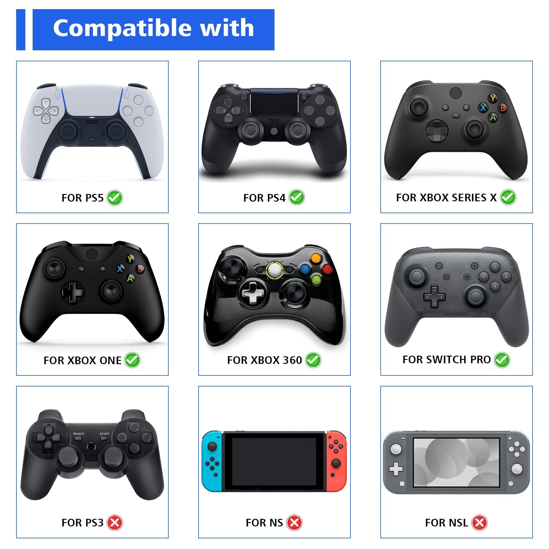 playvital Black Ergonomic Thumbstick Grips for PS5, PS4, for Nintendo Switch Pro, Xbox Series X/S, Xbox One, Xbox One X/S Controller - with 3 Height Convex and Concave - Raised Dots & Studded Design