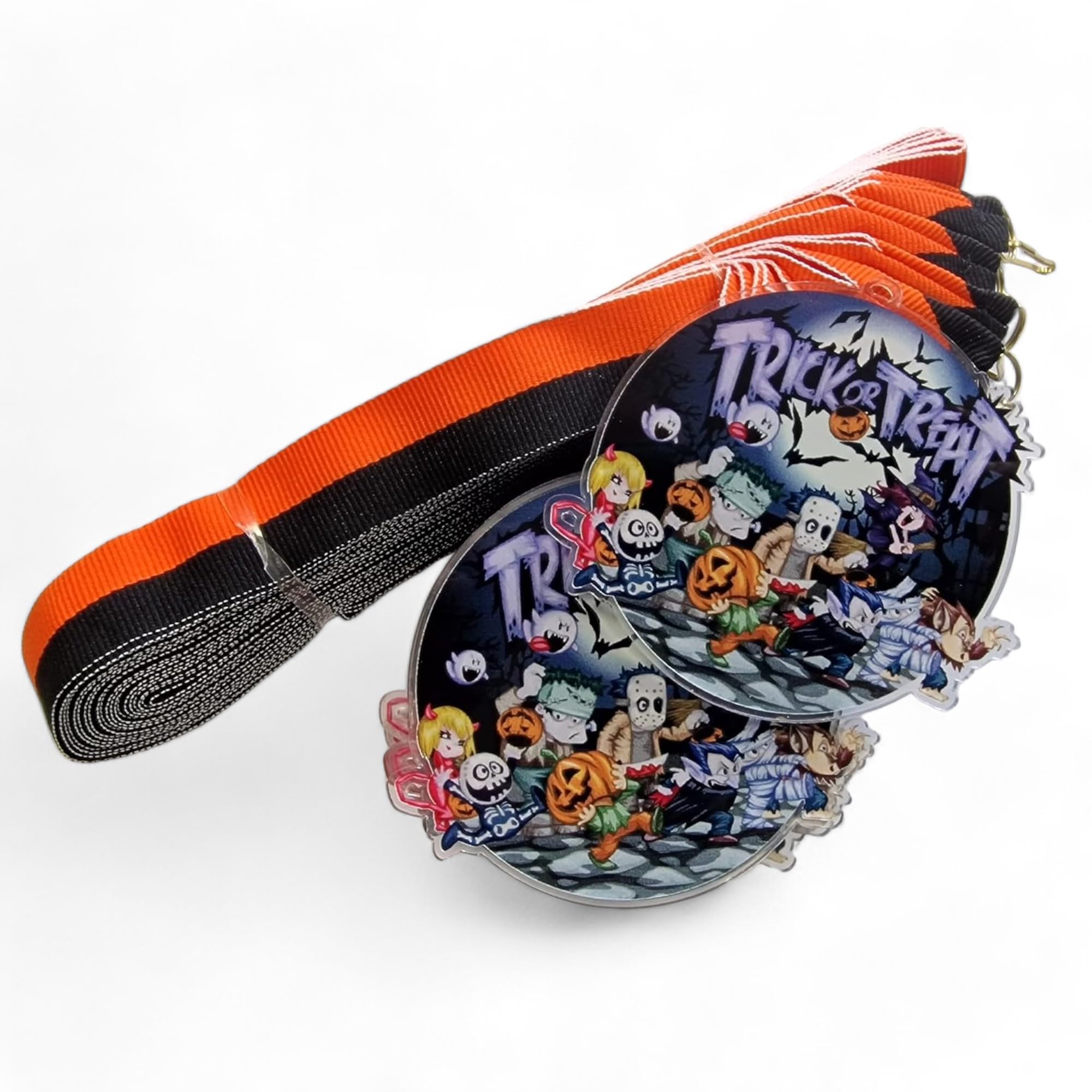 Trophy Monster Pack of 10x Halloween Trick or Treat Big Medal Pack FREE Ribbons | for Kids Party | Made from Printed Acrylic (90mm)