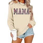 CAZYCHILD Mama Sweatshirt for Women: Embroidered Mom Essentials Crewneck Sweatshirts Mama Gifts Mom Graphic Long Sleeve
