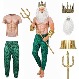 UQJE Men Poseidon Costume Set, Adult Ocean King Outfit, Trident Crown