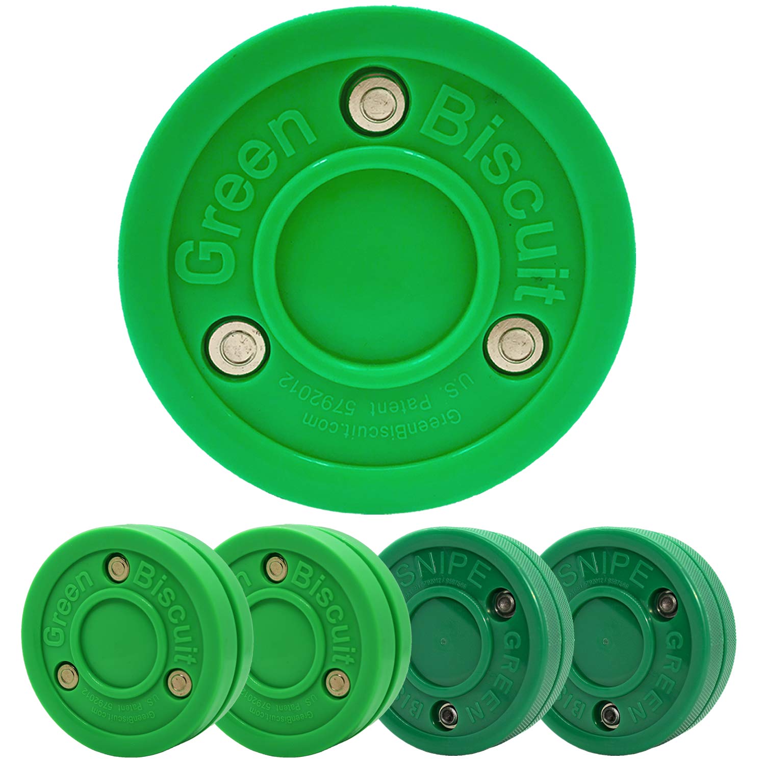 Green Biscuit 4 Pack | 2 Loops & 2 Shooters | Out Ice Shooting, Handling and Passing Smart Pucks