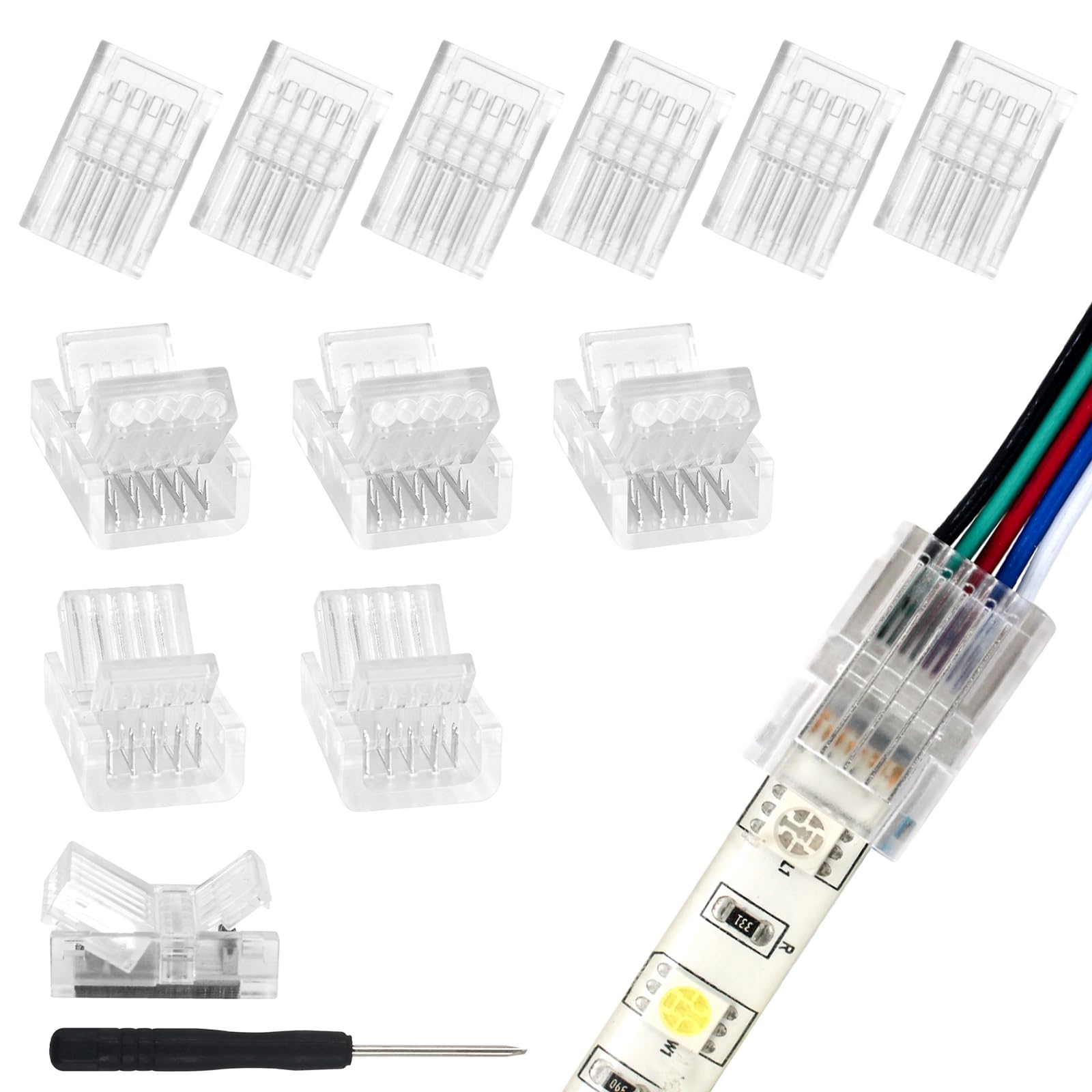 VIPMOON 5 Pin RGBW LED Light Strip Connectors 10mm, 12-Pack LED Strip to Wire Connectors for 5050 3528 SMD LED Tape, 0-36V 5A