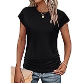SAMPEEL Womens Summer Tops Trendy 2025 Ruched Cap Short Sleeve Tshirts Shirts Crew Neck T Shirts Fashion