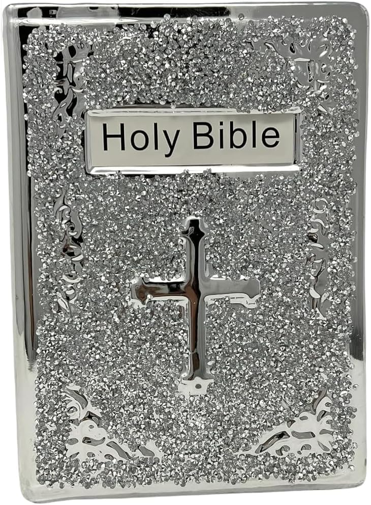 SEGOY Crushed Diamond Silver HOLY BIBLE Book Sparkle Ornament Bling Home Decor Crystal Ceramic Christian Wonderful Decoration Gift