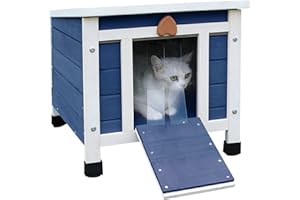 Deblue Cat House for Outdoor Cats, Weatherproof Feral Cat House, Wooden Outside Shelter for Cat, Rabbit and Small Pet Hutch-Navy Blue