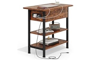 GRUSIGN End Table with Charging Station, Flip Top Side Table with USB Ports and Outlets, 3-Tier Small Side Table with Storage for Small Space, End Tables for Living Room/Bedroom, Brown