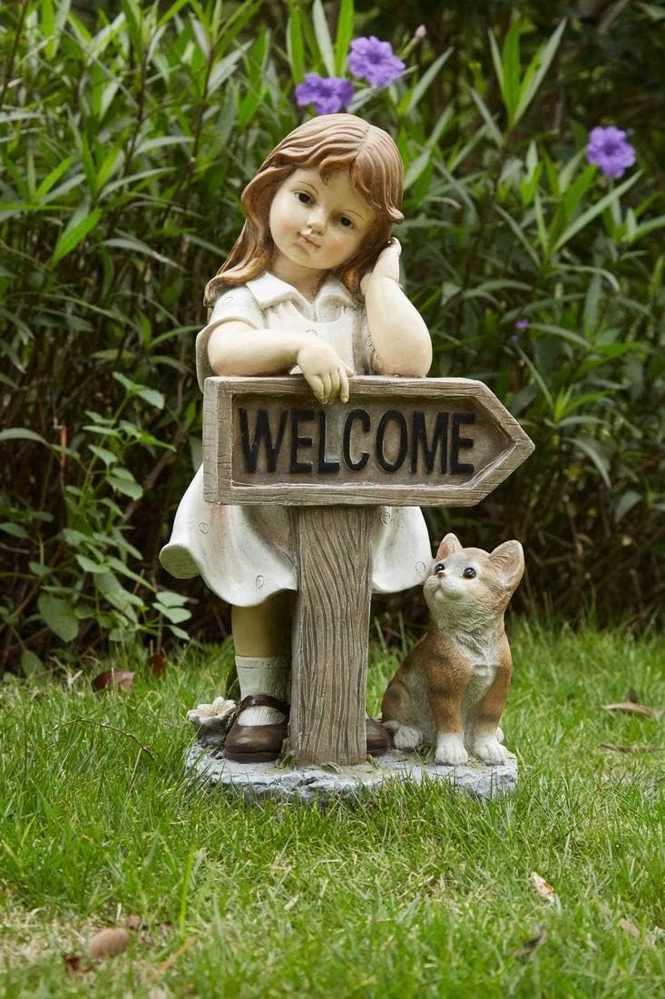 Outdoor Girl Garden Statue with Solar LED Lights, Children with Cat Statue Welcome Sign Garden Statues for Home Decor, Great for Porch, Patio, Yard Art Decorations, Cat Memorial Statues, Polyresin: Home Improvement