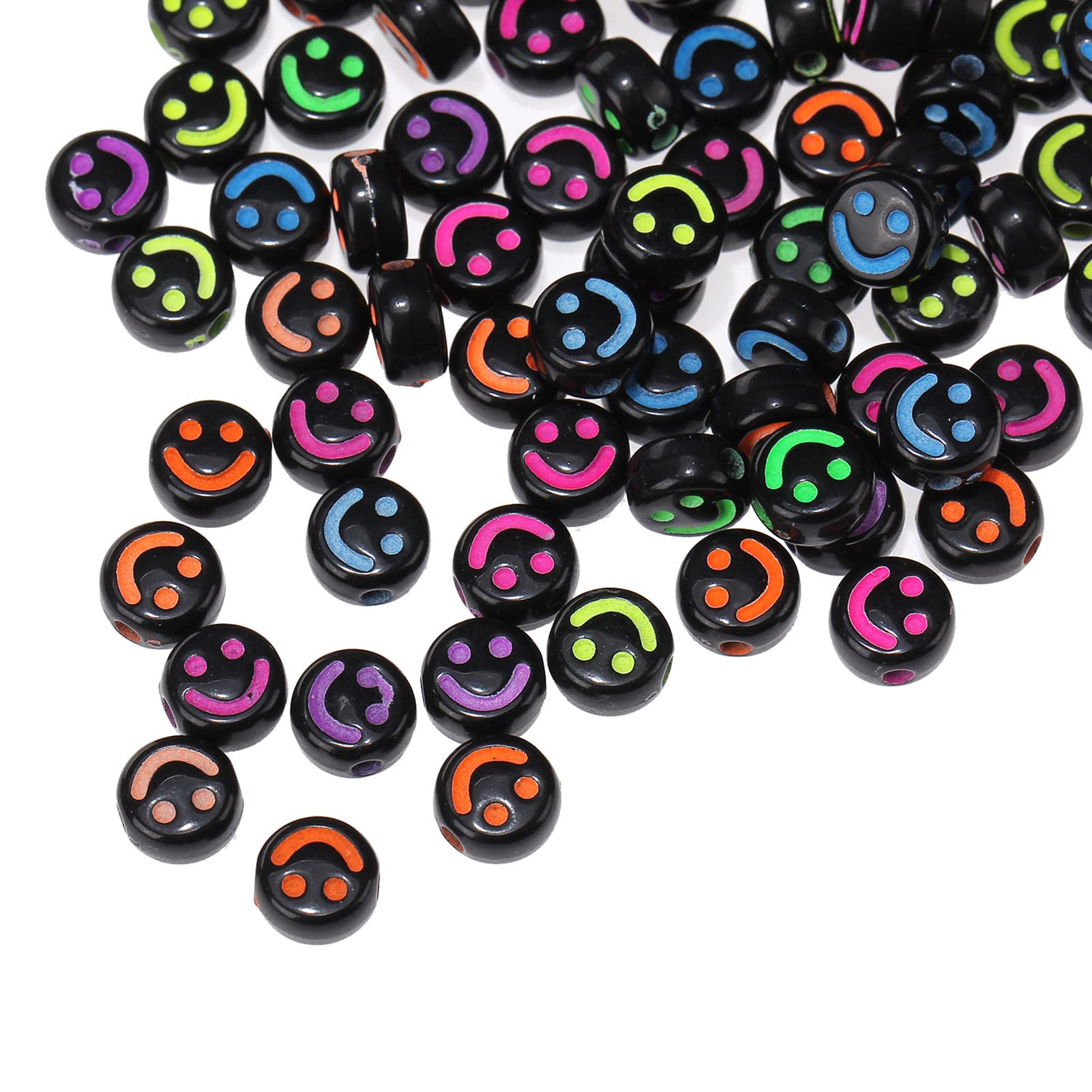 200pcs Black Acrylic Smile Face Beads 7mm Pony Disc Coin Multicolor Loose Spacer Beads for DIY Jewelry Bracelet Mobile Phone Pendant Making