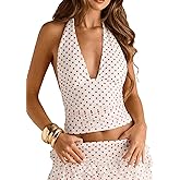 Milumia Women Polka Dots Halter Crop Top Y2k V Neck Open Back Ruched Going Out Tank Tops Clubbing Outfits