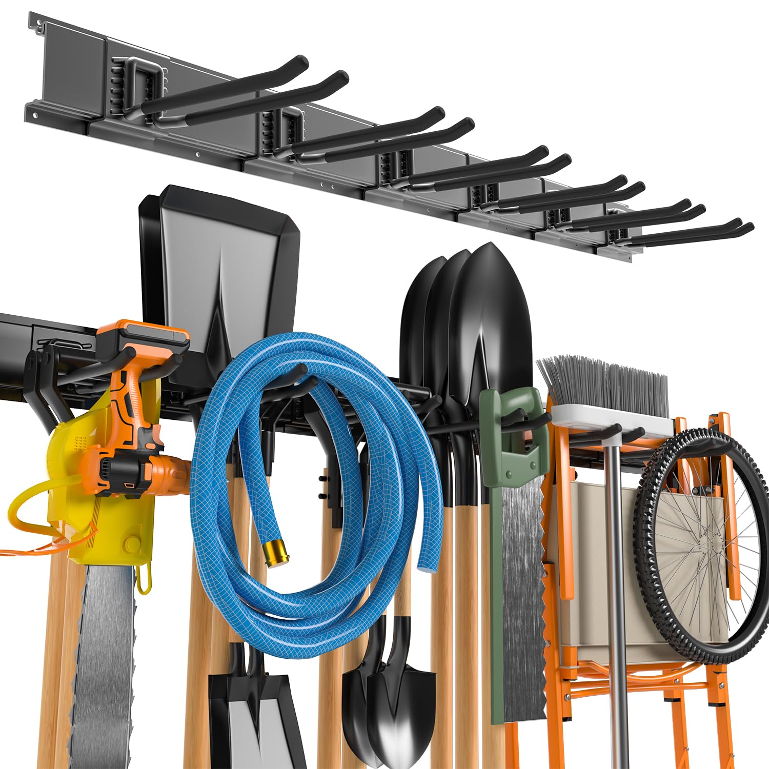 Photo 1 of Garage Tool Organizer Wall Mount, 49.5 Inch Garage Organization and Storage Heavy Duty with 3 Packs Rails and 6 Adjustable Hooks, Garden Yard Tool Hanger Rack for Shovel, Max Load 600lbs