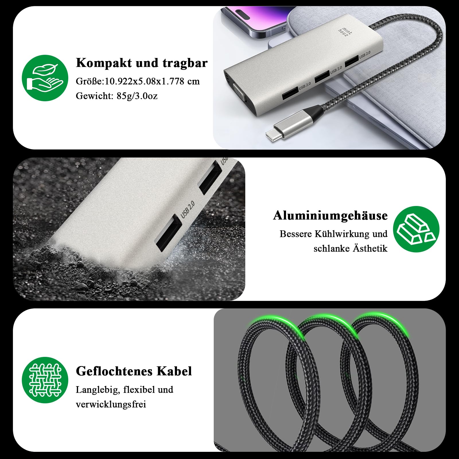 Minthouz USB C Docking Station,7-IN-1 USB Hub mit 4K@60Hz HDMI,8K@60Hz DP1/2, VGA, 3xUSB2.0 Multiport Adapter für Dell/HP/Lenovo/Thinkpad, Kompatibel mit Mac/Windows/Chrome OS/Linux/Android/iOS 8