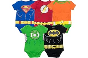 DC Comics Justice League Baby 5 Pack Costume Bodysuits Newborn to Infant Sizes (0-3 Months - 24 Months)