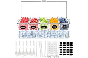 Ice Chilled Condiment Server Caddy,Large Bar Fruit Caddy with Lid and 5 Removable Compartments, Plastic Storage Food Containe