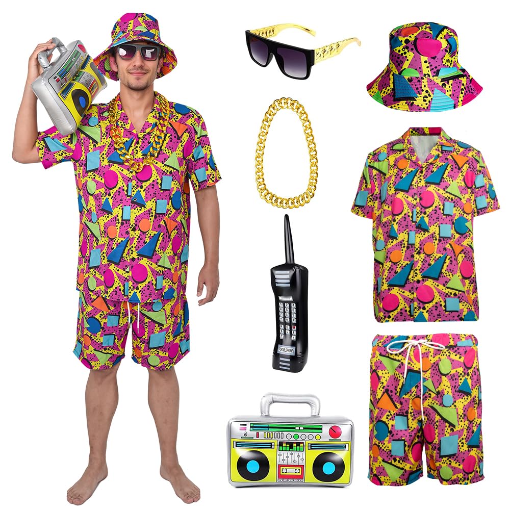 YQVGFBY 80s 90s Fancy Dress for Men 80s 90s Shell Suit Costume Men Hip-hop T-shirts and Shorts Set, Sportswear, Disco,Carnival Costumes (Red, S)