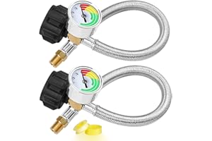 Aekops 15 inch RV Propane Hose Replacement with Gauge, 2 Pack Camper Propane Hose for Standard Two Stage Regulator, Stainless Steel Braided RV Gas H-ose for Camper- 1/4 Male NPT x QCC1, 350PSI
