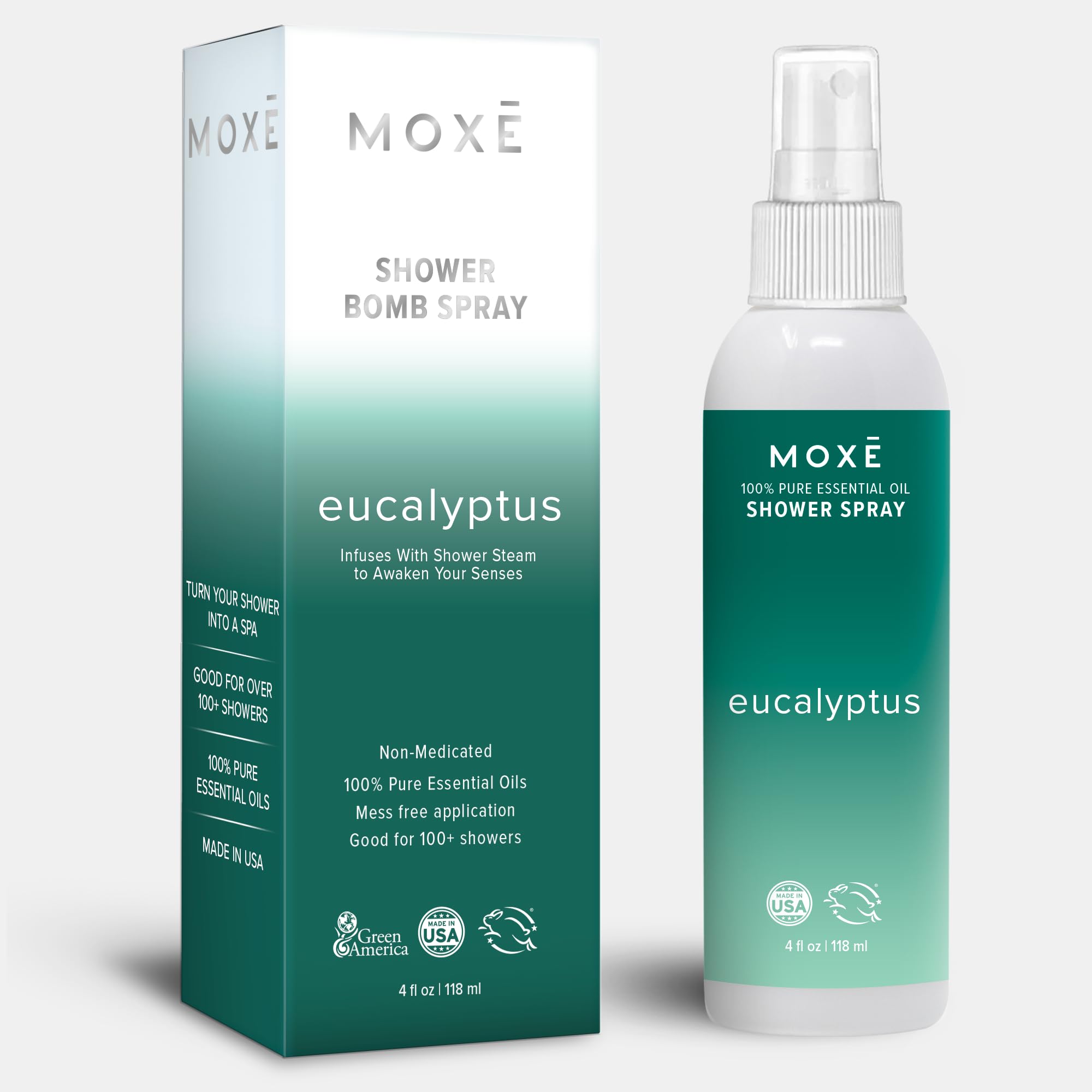 MOXĒ Eucalyptus Oil Shower Mist, Spa Steam Spray, Certified Natural 100% Essential Oils, Made in USA, Aromatherapy, Sinus Congestion Relief, Tension Relief, 4 Ounces