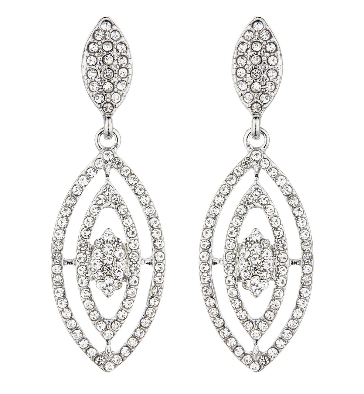 Clip On Earrings - Silver Plated Dangle Earring With Clear Crystals - Brice