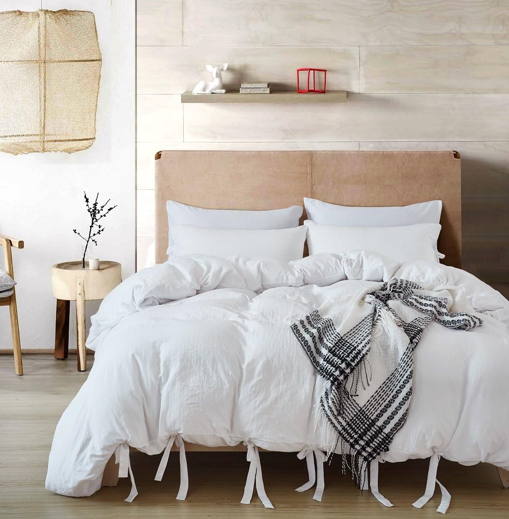 SANMADROLA Luxury Bow Duvet Cover Set with Solid Bowknot Ties Design 3 Piece Bedding Set White Queen