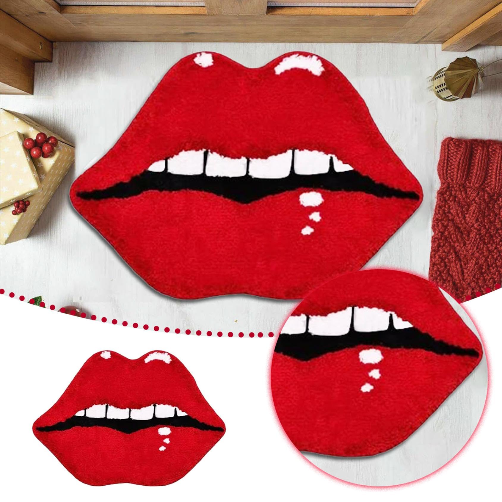 Lips Shaped Bathroom Rug, Cute Funny Biting Lips Shaped Bath Mat, Non-Slip Mat Washable Absorbent Bathtub Rug Bathroom Shower Rugs,Valentine'S Day Flaming Red Lips Floor Mat (A)