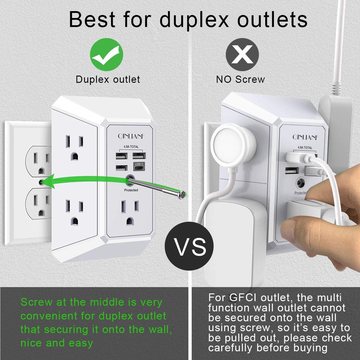 USB Wall Charger, Surge Protector, QINLIANF 5 Outlet Extender with 4 USB Charging Ports ( 4.8A Total) 3-Sided 1680J Power Strip Multi Plug Outlets Wall Adapter Spaced for Home Travel Office (3U1C): Electronics