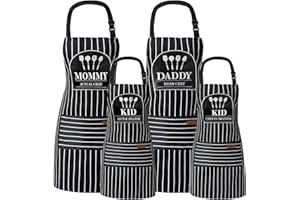 LAHIEN Matching Aprons for Kids and Adults, Contains Mom Apron, Daddy Apron and 2 Kids Aprons, Length Adjustable (Family Suit: 4PCS) Black