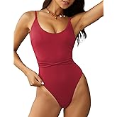 ZAFUL 2025 One Piece Swimsuit for Women Back Lace Up Swimwear Scoop Neck High Cut Bathing Suit Ribbed 1 Piece Swimsuits Red S
