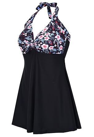 AMAGGIGO Damen Neckholder Push up BadekleidFigurformender Bunt Badeanzug mit Röckchen Bauchweg Einteiliger Badekleid