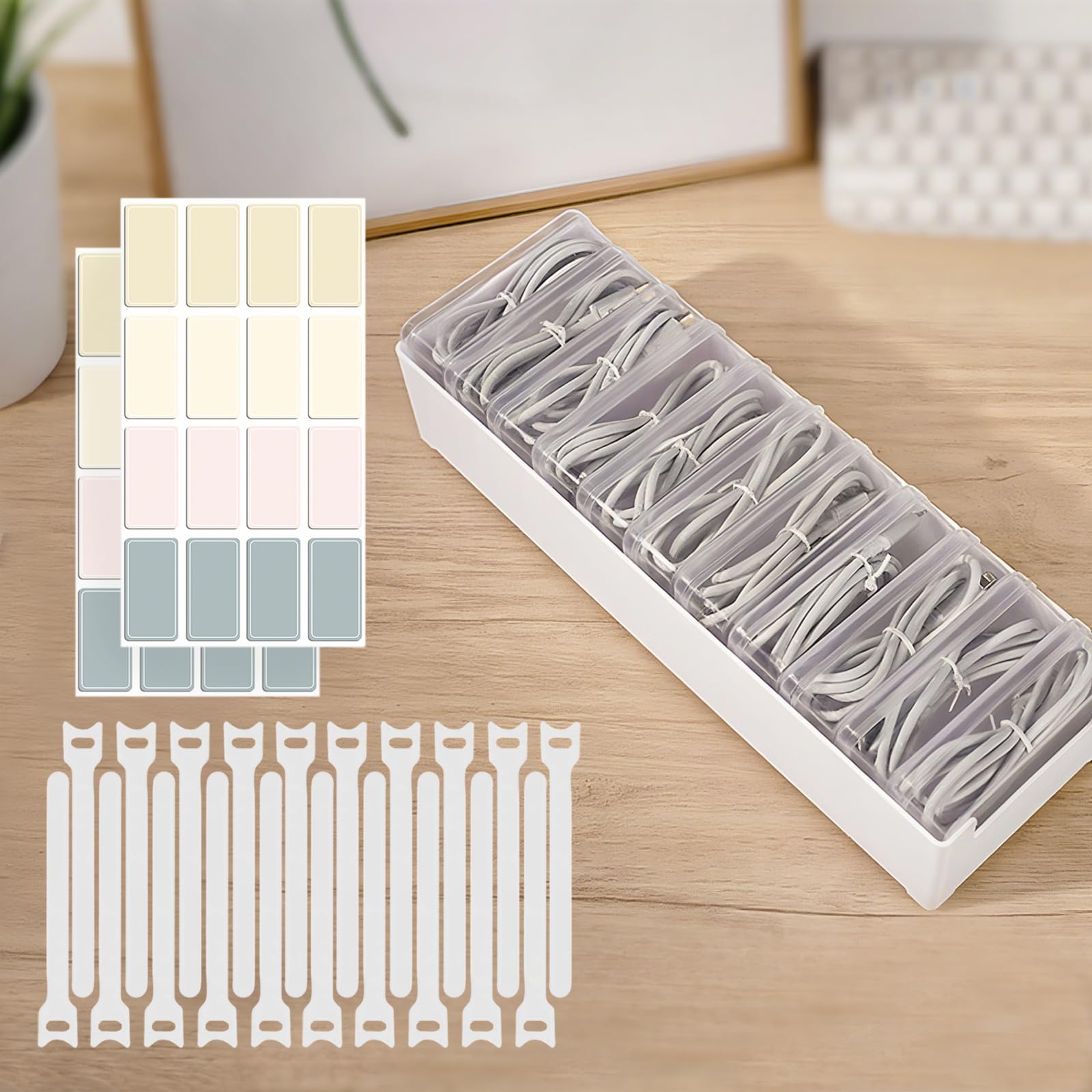 Photo 1 of 11 Cable Organizer Box with Labels, Cord Storage Organizer for Desk Drawer?Includes 20 Ties & 32 Labels, Office Home Multi-Purpose Organizer
