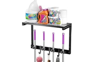Heavy Duty Broom Holder Wall Mount with Cleaning Supplies Organizer, Space-Saving Laundry Room Organization and Storage Shelv