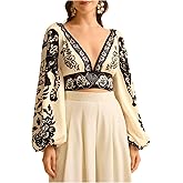 SweatyRocks Women's Boho Floral Tie Back Crop Tops Deep V Neck Lantern Long Sleeve Blouse Shirts Vacation Outfit