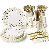 Lzerking Party Supplies Set - 210 Pieces of White and Gold Dot Paper Plates, Cups, Napkins, and Heavy Duty Silverware for 30 Guests for Birthdays, Graduation, Wedding, Festivals