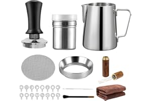 51mm Espresso Tamper and Stirrer Set with WDT Tool, Milk Jug 350ml, Tamper Mat, Cleaning Towel, Latte Art Pen, 16 Stencils