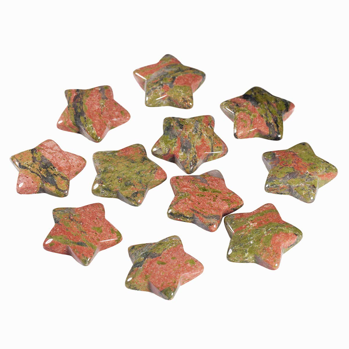 KYEYGWO 1.2" Carved Healing Crystal Star Stone Reiki Tumbled Polished Pocket Palm Worry Stone for Meditation Yoga Energy Balance, Pack of 6 Unakite Gem