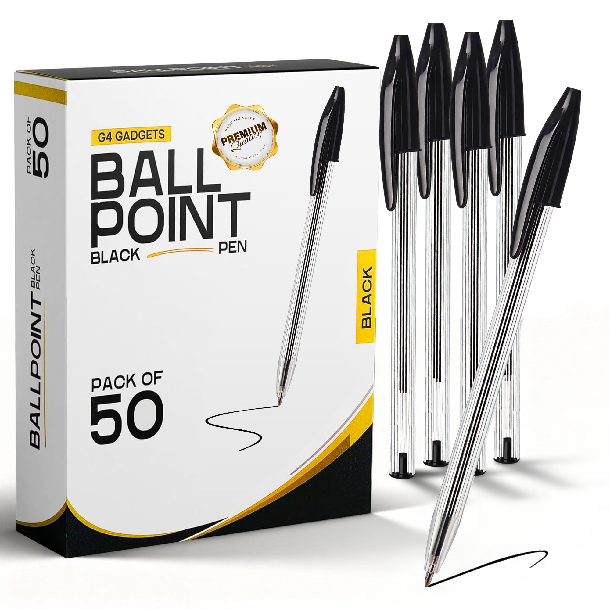 G4GADGET Pack of 50 Black Pens - Medium Tip Fluent Smooth Writing Black Biro Ballpoint Pens