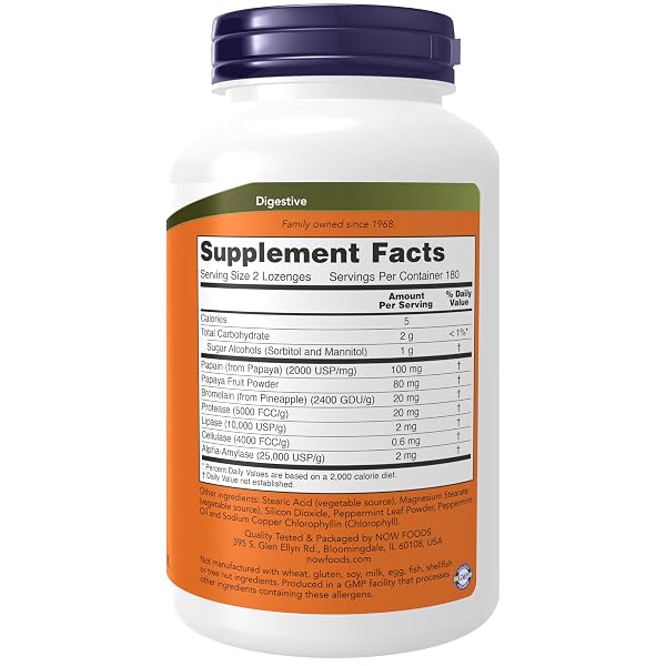 NOW FOODS SUPPLEMENTS, PAPAYA ENZYME WITH MINT AND CHLOROPHYLL, DIGESTIVE SUPPORT*, 360 CHEWABLE LOZENGES