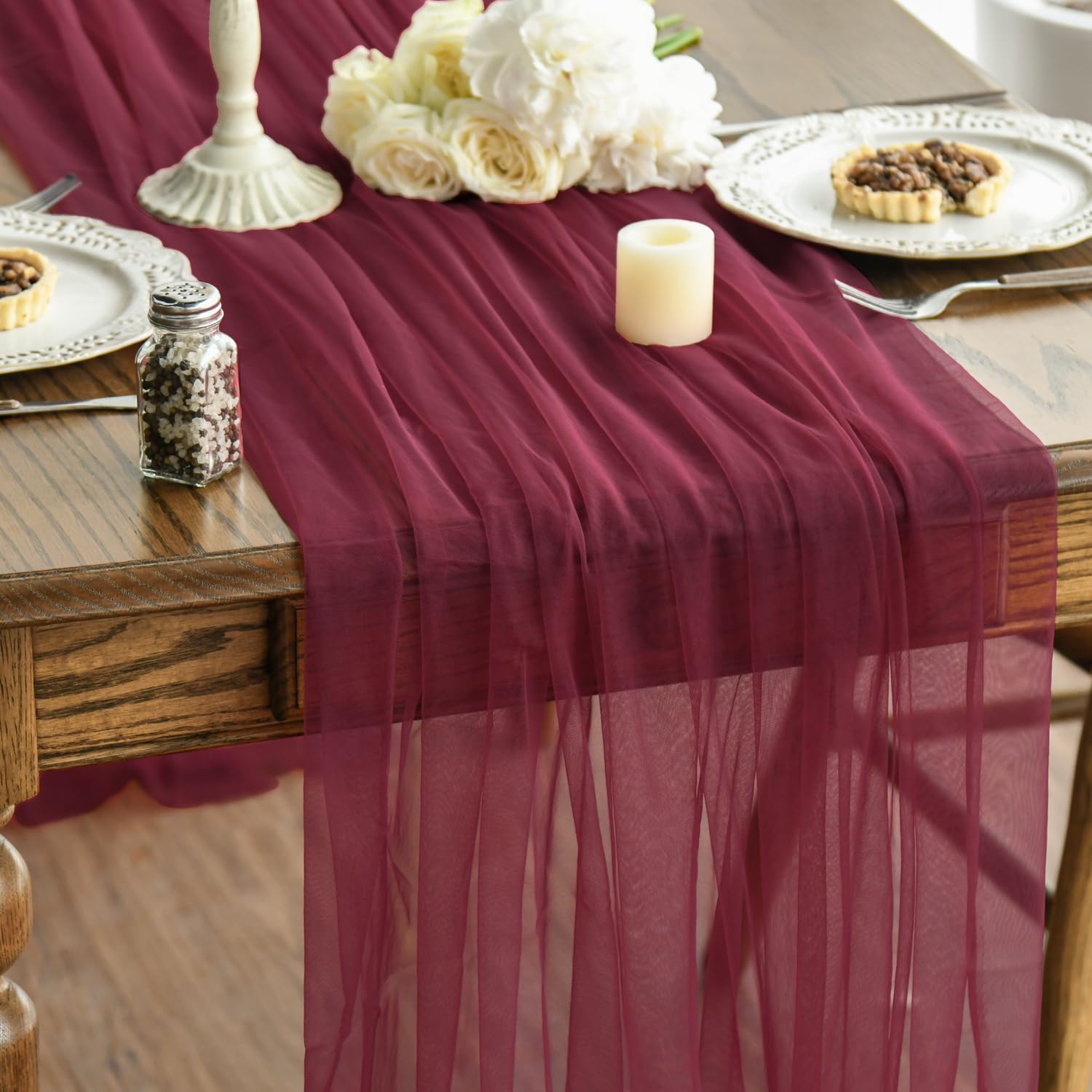 Photo 1 of Artoid Mode Burgundy Gauze Table Runner 120 Inch 10FT, Seasonal Sheer Kitchen Dining Holiday Wedding Birthday Baby Shower Table Decor for Home Party