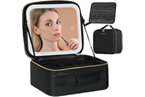 Behaesty Travel Makeup Bag with LED Lighted Mirror, Cosmetic Makeup Organizer Bag with 3 Color Setting, Makeup Train Case with Adjustable Dividers for Women Makeup Brushes Jewelry Accessories (Black)