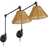 POOTIAA Black Hand Woven Rattan Wall Sconces Adjustable Swing Arm Wall Light for Bedroom Living Room Bedside (Bulbs NOT Inclu