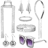 FIRSAUKI 70s Disco Accessories - Women's Disco Costume Jewelry Set With Headband, Sequin Scarf, Sunglasses, Bracelet & Earrings